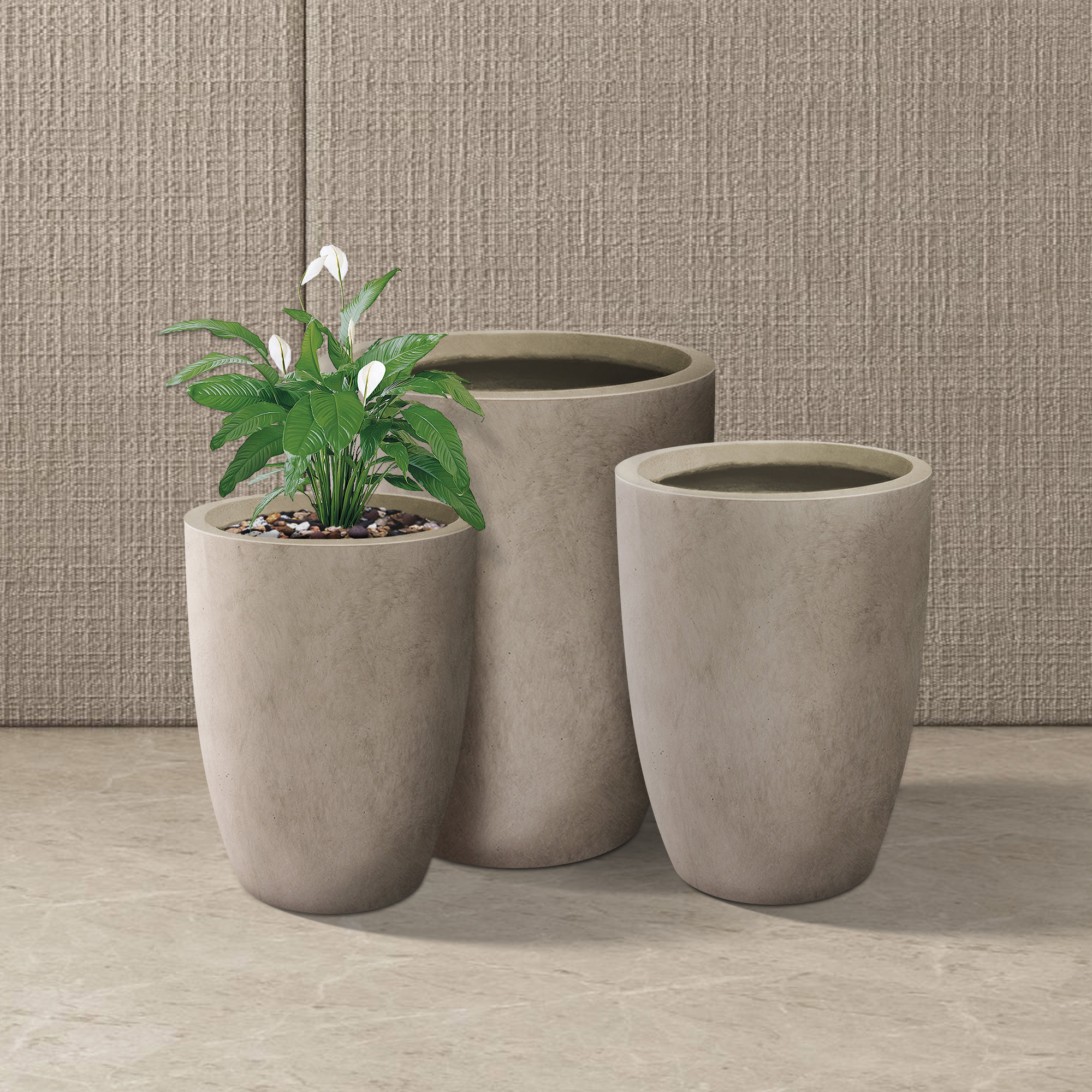 Union Rustic 3 Piece Round Charcoal Finish Concrete Modern Tall Planters, Outdoor Indoor Decorative Plant Pots with Drainage Hole and Rubber Plug Set & Reviews | Wayfair