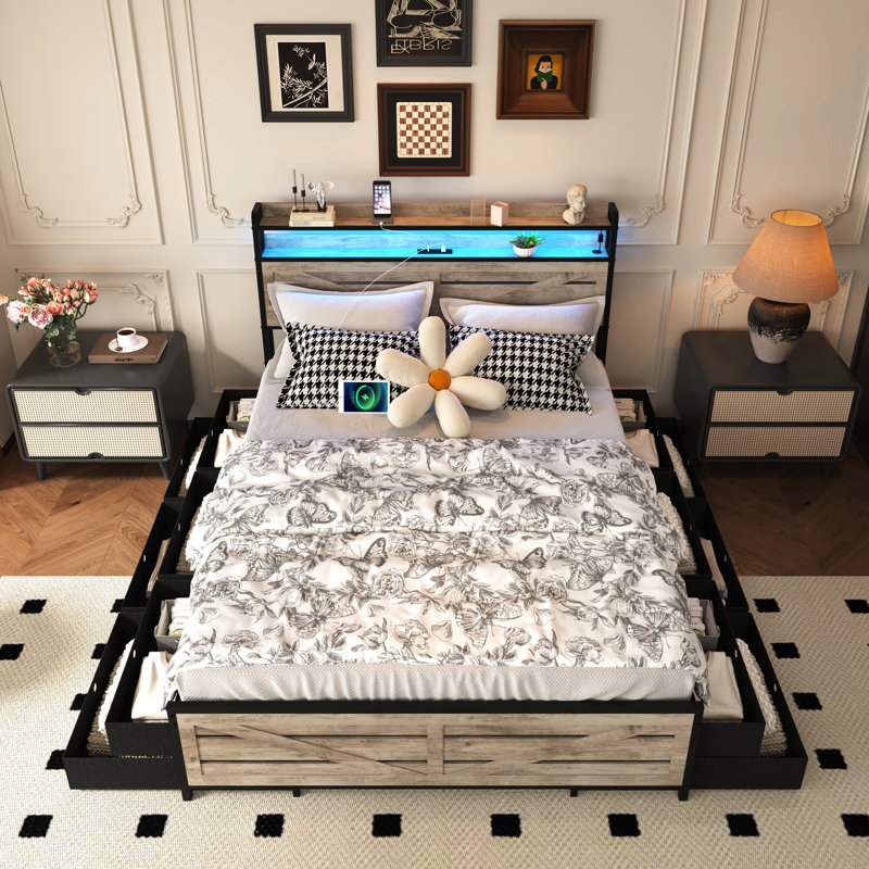 Structure de lit de taille grise avec structure en métal, 12 tiroirs pour la literie, lumières à DEL et plateforme de chargement pour chambre à coucher, tête de lit avec rangement, éclairage pour articles légers