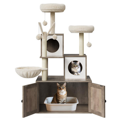 Arbre à chat avec bac à litière caché, tour de chat d'intérieur tout-en-un avec poteau à griffer en sisal et armoire à litière en bois moelleux