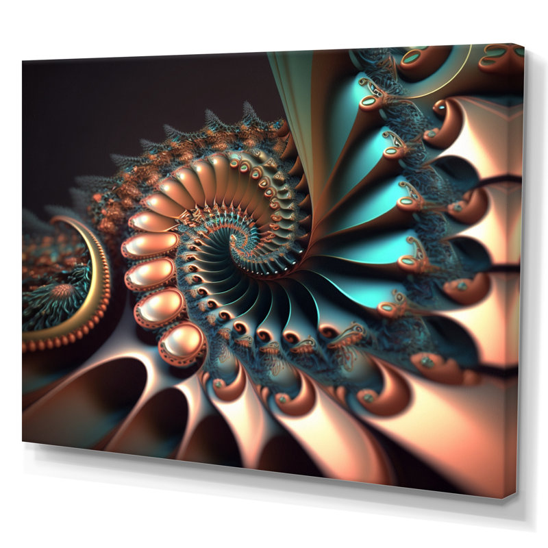 Fractal Wave en turquoise et or II - reproduction sur toile, H 16 po x l 32 po x P 1 po, Toile tendue