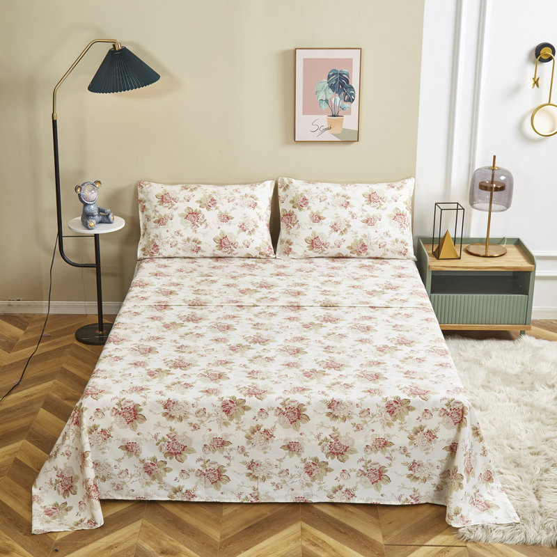  Drap floral 100% coton, Drap plat pour lit simple avec une taie d'oreiller