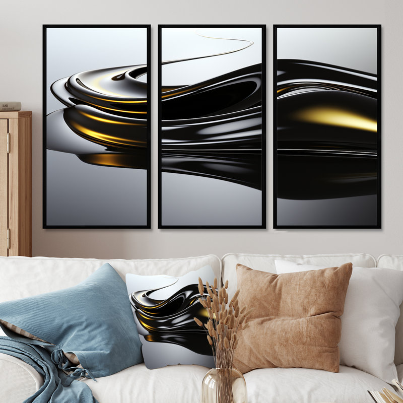 «Black Flow Gold Glow», ensemble d'art mural abstrait à encre liquide, H 28 po x l 36 po x P 1 po, Cadre flottant noir