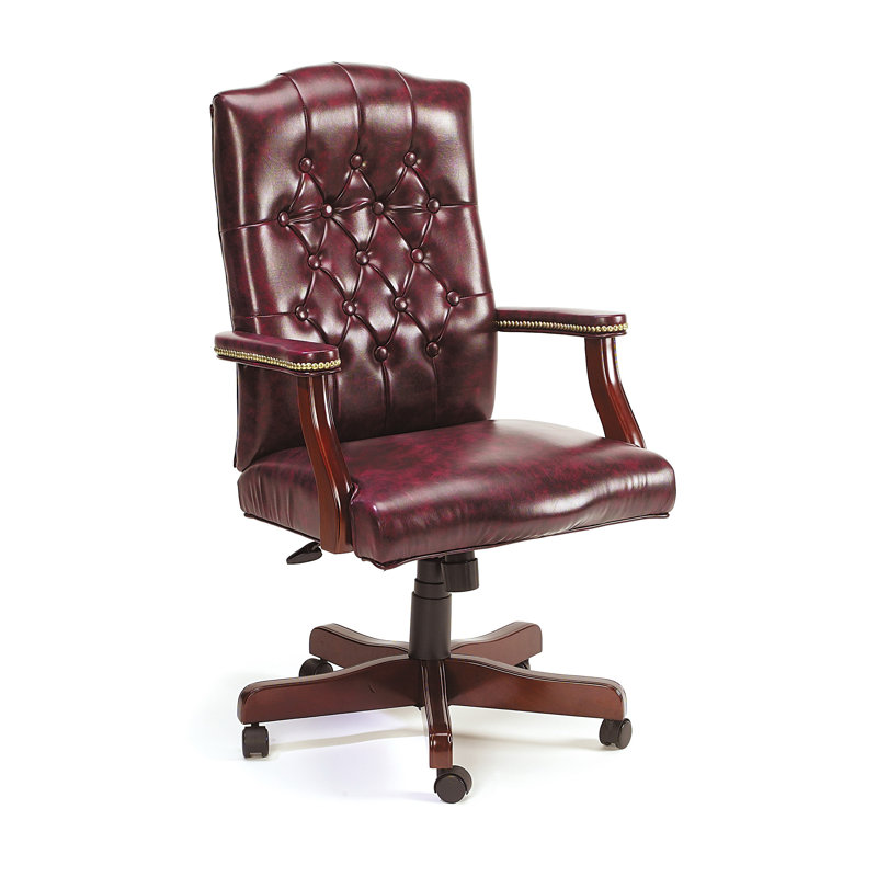 Oxblood Vinyl High Back Executive Swivel Chair with Mahogany Finish
