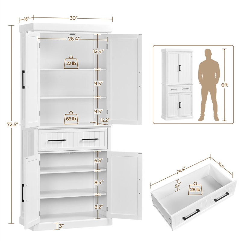 Annalynne 72.5″ H Kitchen Pantry Cabinet with Doors, a Drawer and Adjustable Shelves, White