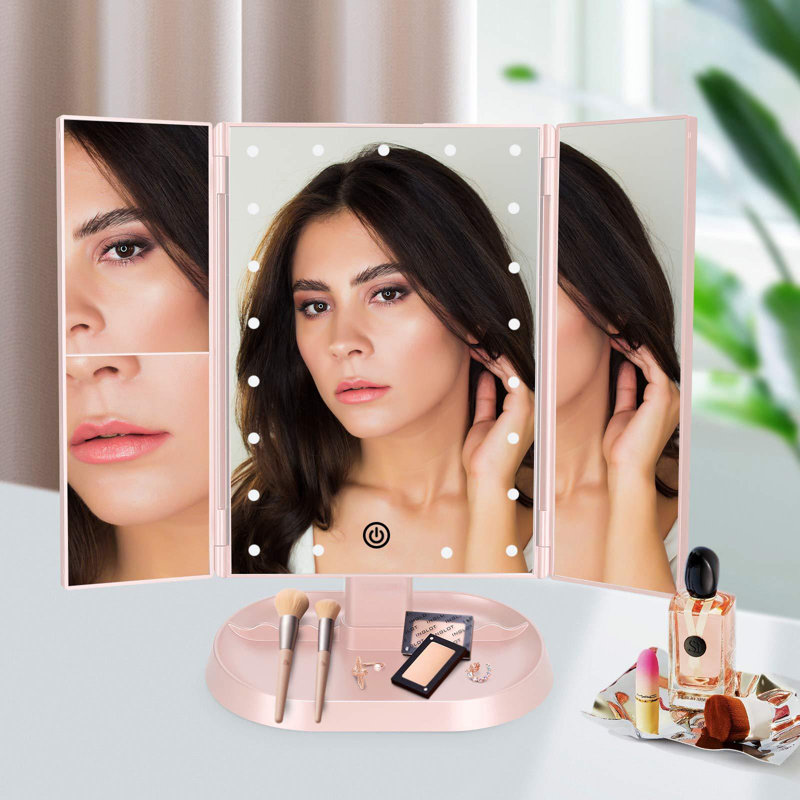 Pink Trifold Lighted Vanity Makeup Mirror with LED Lights