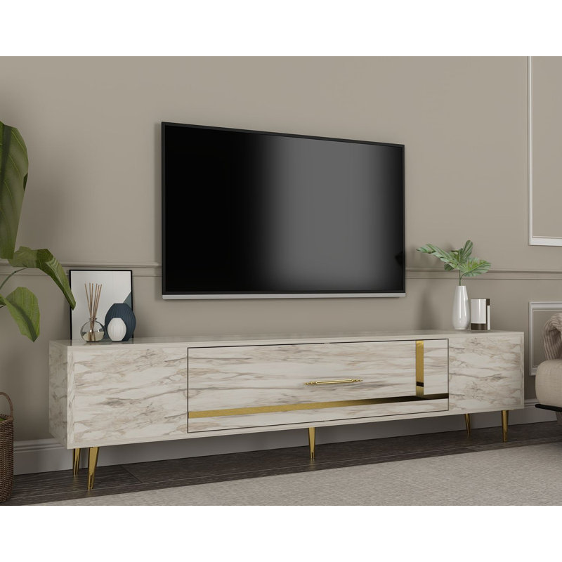 Meuble télé élégant avec marbre Ephesus et or Catena, 59,1 x 19,0 x 11,6 pouces | Panneau de particules 100% enduit de mélamine | Conception à fixation murale | Meuble audio-vidéo moderne et élégant | Durable et fonctionnel