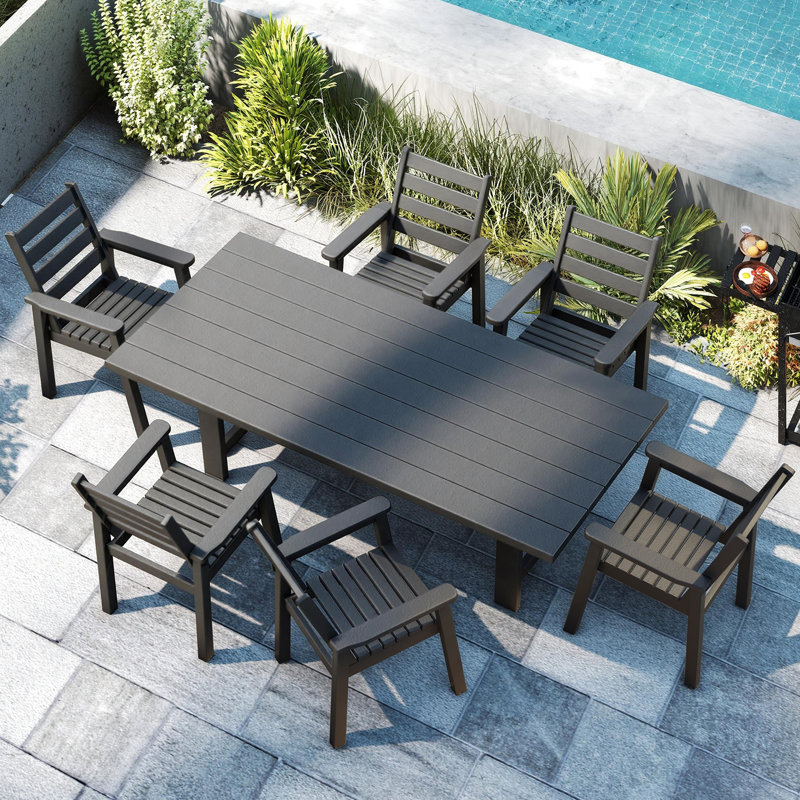 Ensemble de table de salle à manger 7 pièces en PEHD avec trou pour parasol Immie, noir Immie, 6, Noir, noir, noir, noir