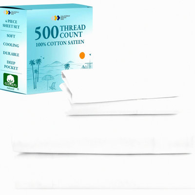 Cooling Cotton Sateen Luxury Sheets Set - 500 Thread Count Deep Pocket Bed Sheets, Soft & Breathable Hotel Quality White Sheets - 4-Pc High Thread Count Set