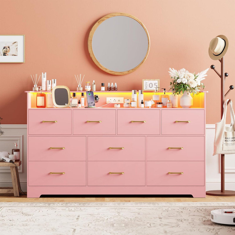 Commode à 10 tiroirs 65 po à DEL avec station de charge - Grande commode moderne pour chambre à coucher, salon, couloir, Rose