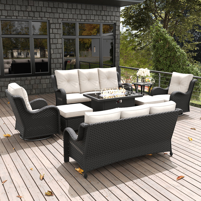  8 Pieces Outdoor Patio Furniture Set With Fire Pit Table, Rattan Wicker Sectional Swivel Rocker Chairs Sets With Ottomans, Swivel Glider Chair And Coffee Table
