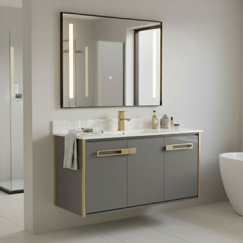 42'' Single Bathroom Vanity with Vitreous China Top, Satin Brass, Onix Gray