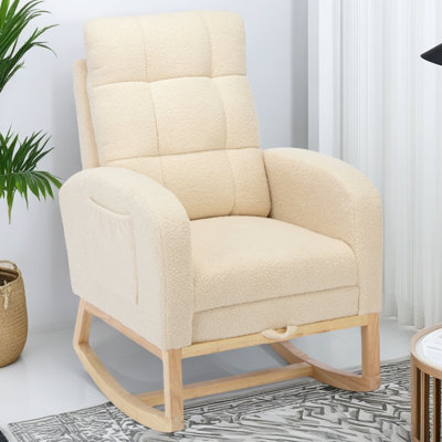Chaise berçante d'appoint moderne avec pieds en bois massif, repose-pieds réglable, fauteuil confortable avec poche latérale, fauteuil de salon avec dossier haut