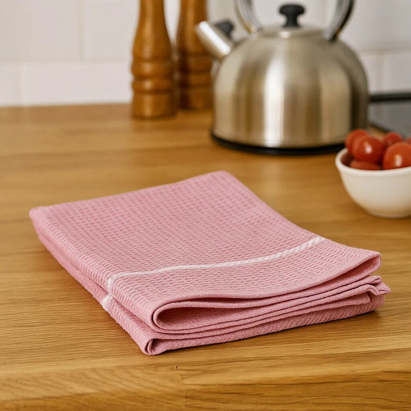 Cotton Waffle Tea Towel Kitchen Towel, Pink/White