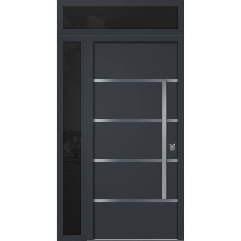 Porte d'entrée extérieure moderne en acier 36 po x 80 po - Inox S3 avec éclairage latéral et traverse, Gris