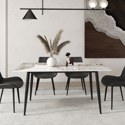 Modern Rectangular Large Corner Of Sintered Stone Ceramics Dining Table With 4 Black Metal Legs