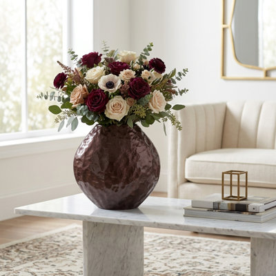 Tall Sculpted Round Metal Vase For Home Decor - Textured Flower Vase For Table Centerpiece, Shelf Accent, Or Entryway Decor