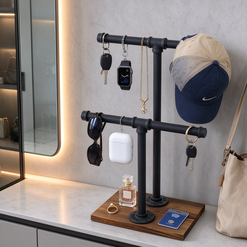 Porte-serviettes autoportant à deux bras pour comptoir de salle de bain et de cuisine, porte-serviettes pivotant industriel rustique avec base en bois massif