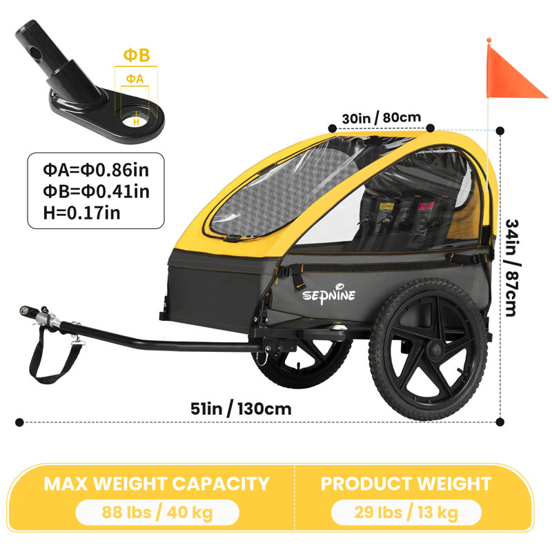 Foldable Kids Bike Trailer With Storage Bag, Fits 1-2 Children, Yellow