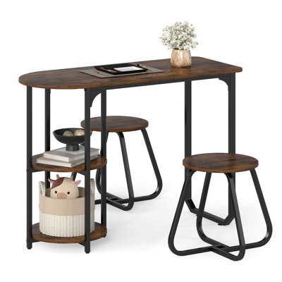 3 PCS Dining Table Set, Wooden Metal Kitchen Table & 2 Stools with Storage Shelves Rustic Brown+Black