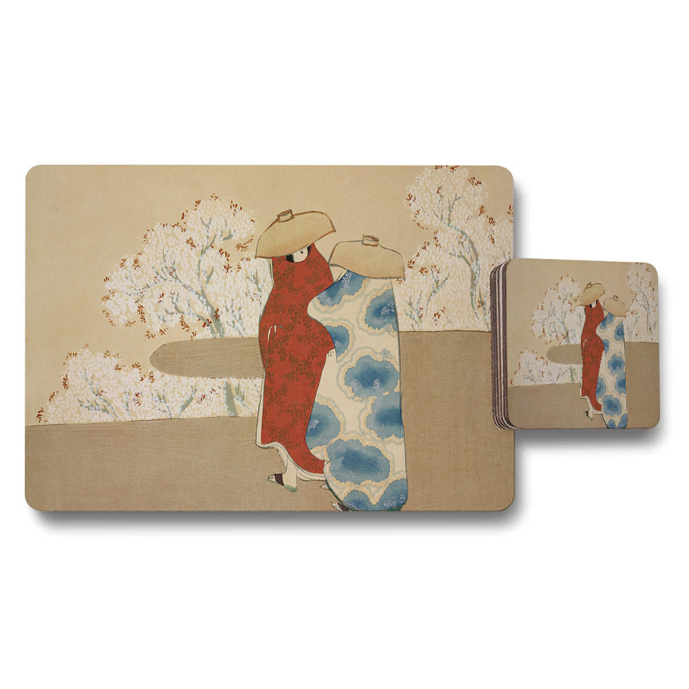 Japanese Inspired Placemats And Coaster Set With Kimono Print Artwork