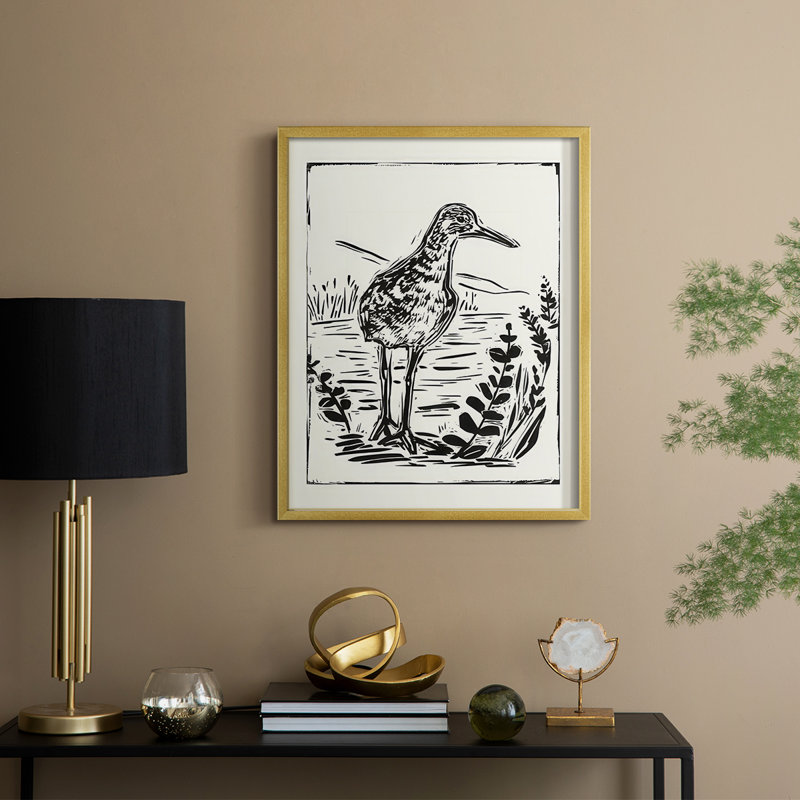 Linocut Style Seabird II, reproduction encadrée - bois massif, H 15 po x l 12 po, Doré