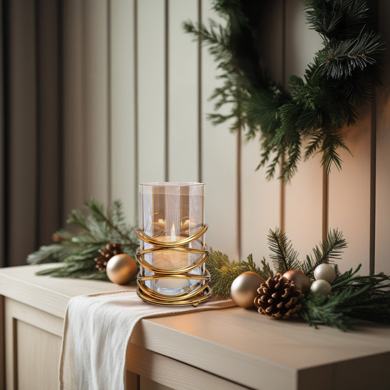 Lanterne bougie en verre avec bougie chauffe-plat en verre avec cadre en métal doré pour décoration de Noël élégante, Petit