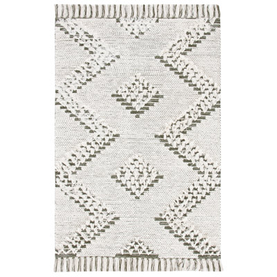 Jiren Flat Weave Wool/Cotton Geometric Rug in Green/Ivory