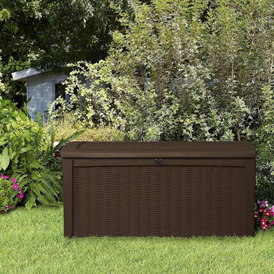 Boîte de rangement d'extérieur en résine brune de 110 gallons, contenant de terrasse pour coussins de patio, coussins, outils de jardin et jouets de piscine