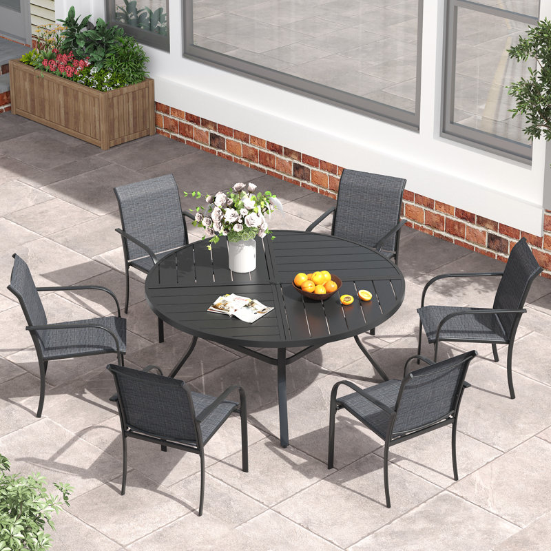 Outdoor Patio Dining Set - 47'' Round Table with Umbrella Hole + 6 Stackable Chairs, Gray/Black
