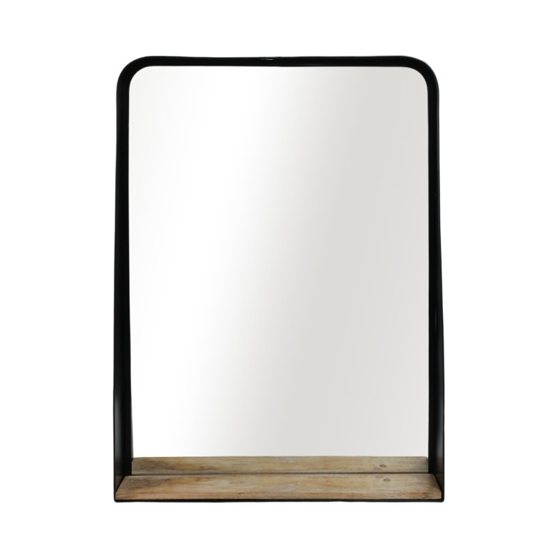 Chic Hanging Wall Mirror Metal Framed with Wooden Plank Shelf for Vanity Table - Large Wall Mirror Accent for Bathroom And Tabletop Decor - Black & Brown