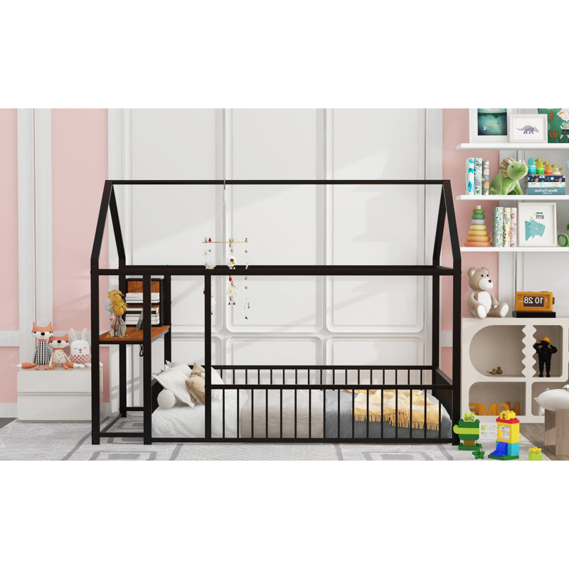Structure de lit pleine grandeur en métal avec bureau, tablettes, prises de courant et ports USB, Noir, noir, noir, noir