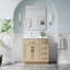Meuble-lavabo sur pied en bois massif 36 po x H 35 po avec comptoir en marbre de culture blanc et lavabo simple en céramique, chêne-379713609-379713610