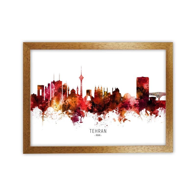 Tehran Iran Skyline Red City Name by Michael Tompsett - Print, Oak Framed, 34cm H x 46cm W x 3cm D