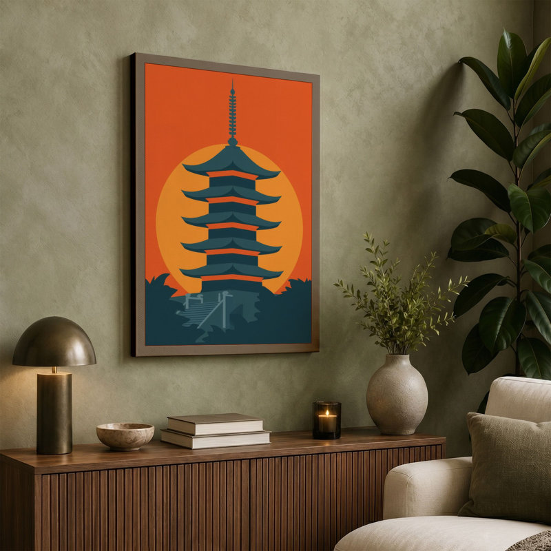 Pagoda at Sunrise Japandi - Wrapped Canvas, 30x20 - 76.2 x 50.8 cm, Teal Border