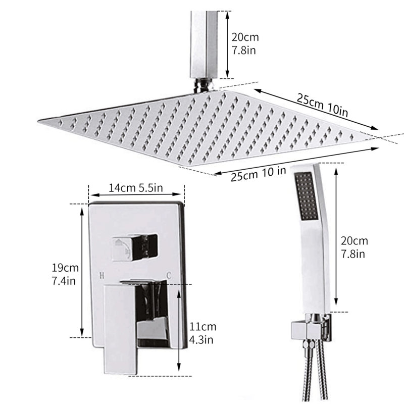 Système de douche de plafond de 10 pouces avec robinet de douche à poignée simple et ensemble de garniture de douche en laiton avec valve brute