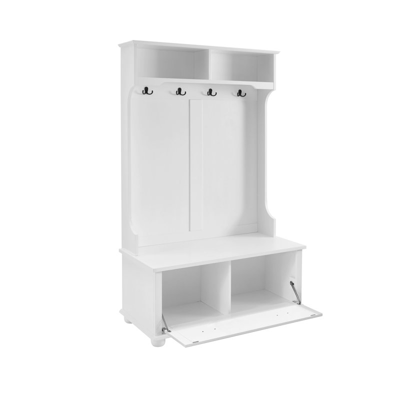 Classic Cosatal Style Hall Tree Entryway Bench With Open Shelves And Shoe Cabinets, WOOD Feet, White, White