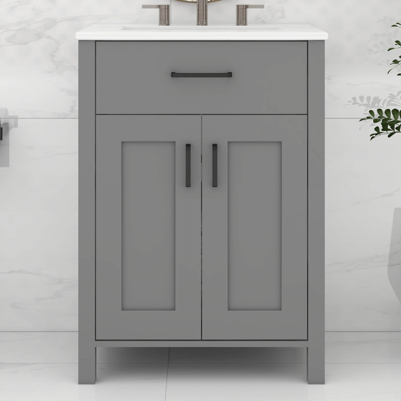 24"Bathroom Vanity Combo With Ceramic Sink, Undermount Bathroom Sink Cabinets With Flip-Out Drawer, Soft-Closing Doors