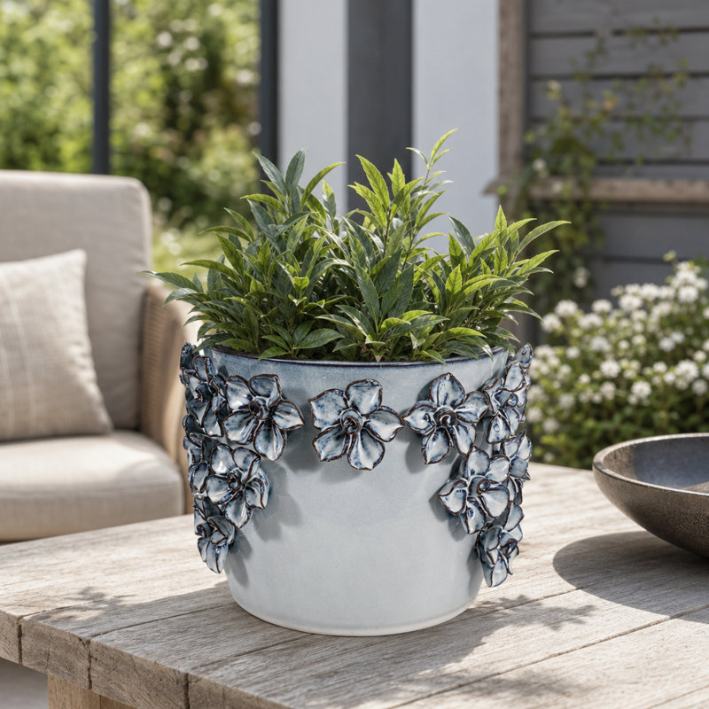 Pot de fleurs rond en céramique texturée moderne pour l'extérieur, le jardin et la terrasse - Pot de fleurs d'intérieur pour la décoration du salon