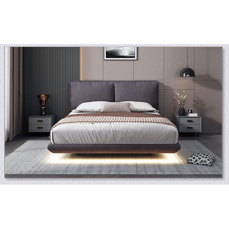 Lit plateforme tapissier avec capteur de lumière, 2 ensembles de ports USB et prises, Gris, Double