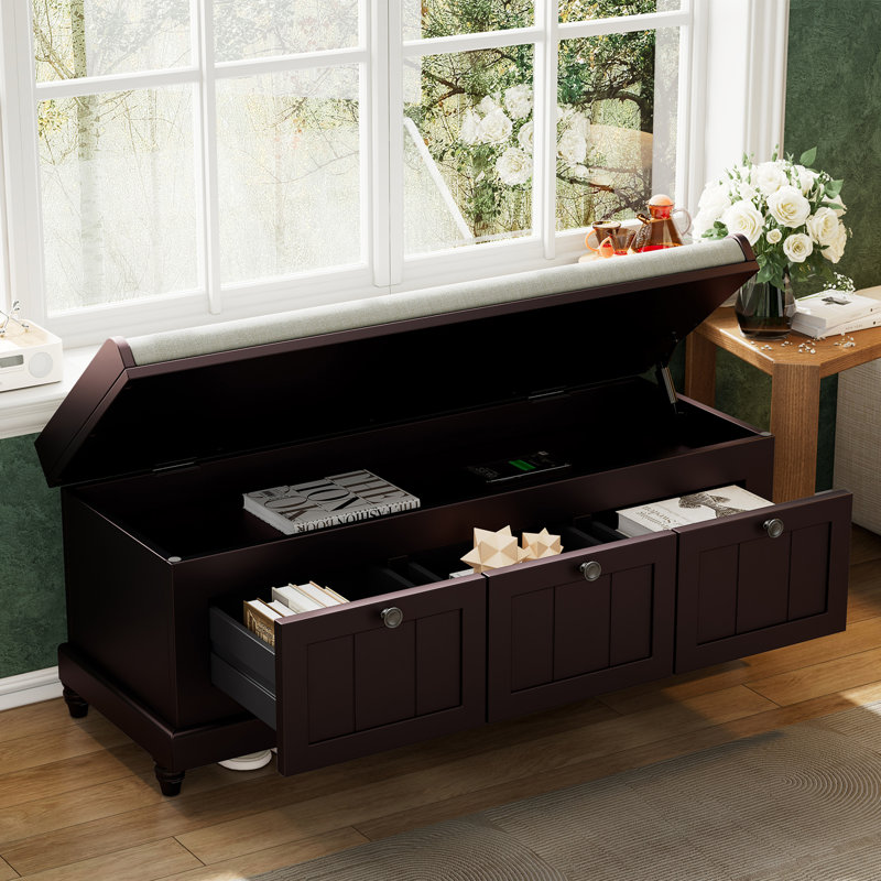 44" Wide Shoe Storage Bench With Cushion Entryway Bench Flip Top Storage Bench With Drawers, Brown