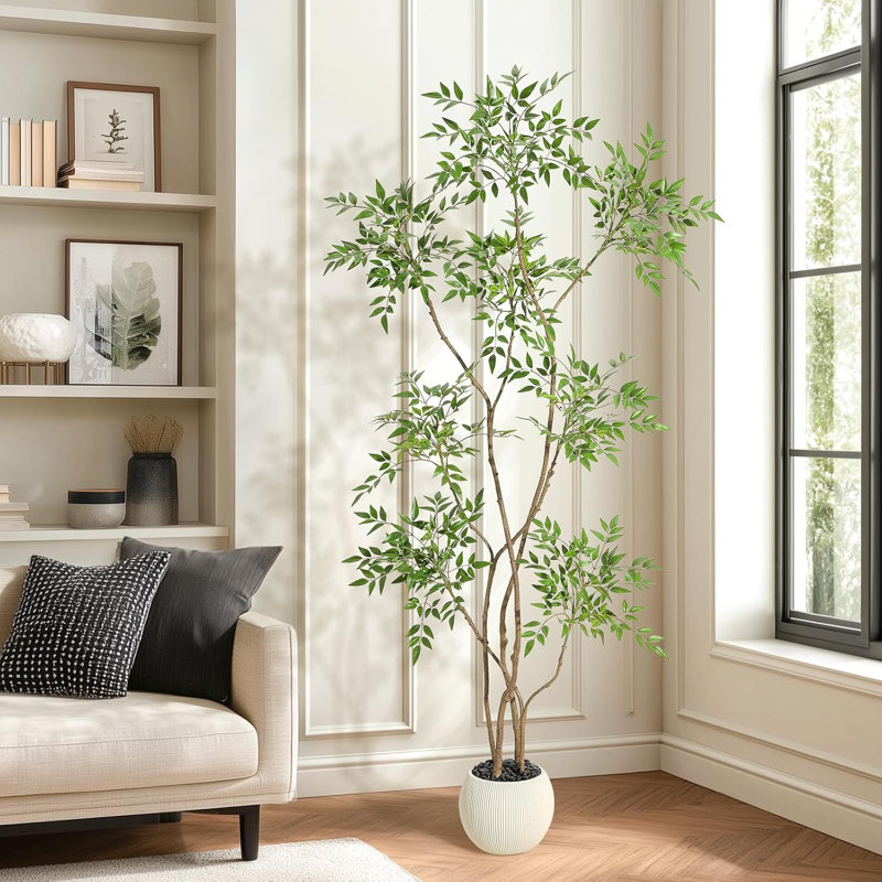 Plantes artificielles d'intérieur, grande plante de plancher artificielle en pot, arbre artificiel Nandina avec pot de fleurs gris