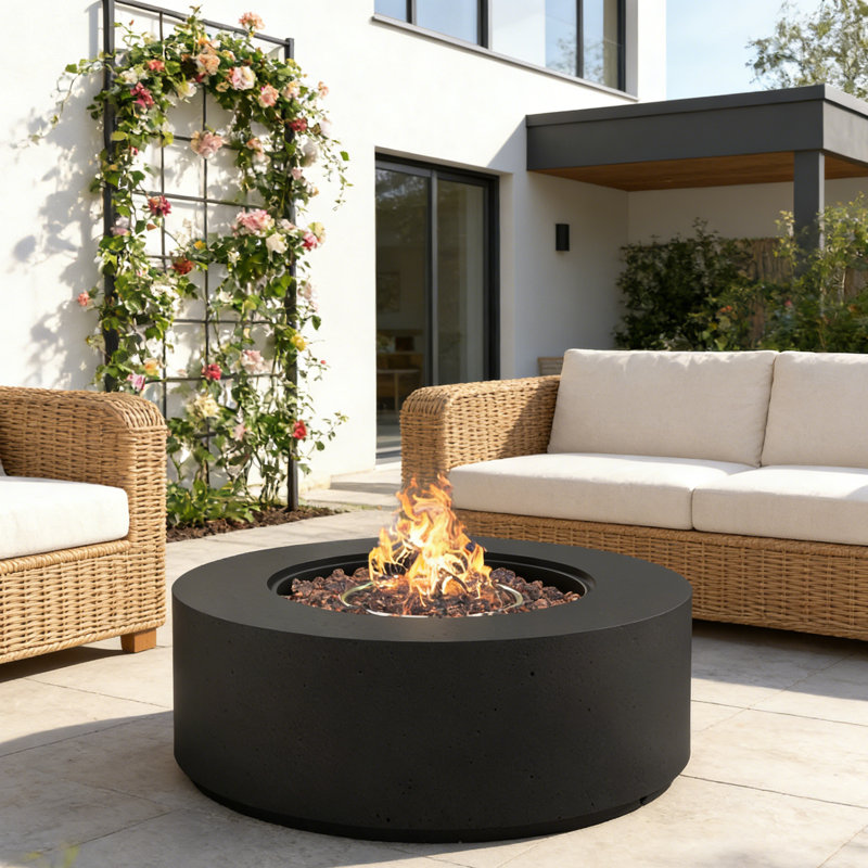 38.2" Round Outdoor Propane Fire Pit Table With MGO Stone Finish, 50,002 BTU Gas Fire Pit With Adjustable Flame, Lava Rocks & Weather-Resistant Cover For Patio, Backyard & Garden