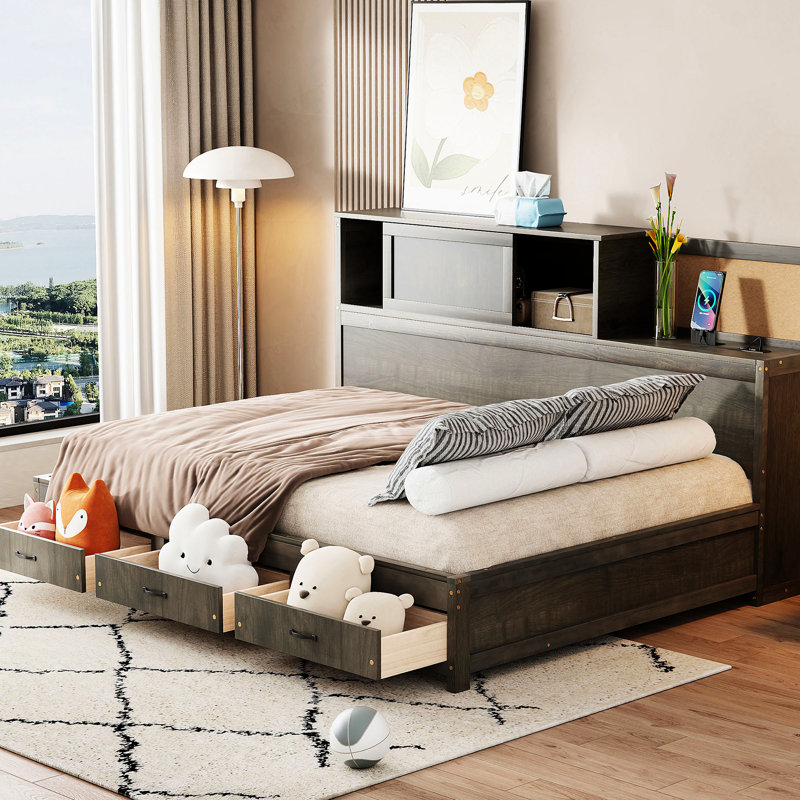 Full Size Gray Wooden Daybed With Storage Function, Shelf, And Device - Charging Outlets For Electronics Daybed, Offering 3 Drawers, Tech