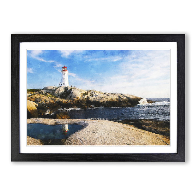 Lighthouse & Seascape In Canada - Single Picture Frame Painting on MDF, Black Framed, 62cm H x 87cm W x 2cm D