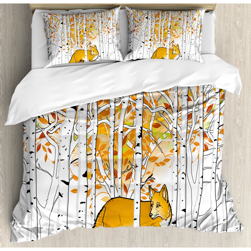 Queen Orange White Black Fox Hunting Duvet Cover Set