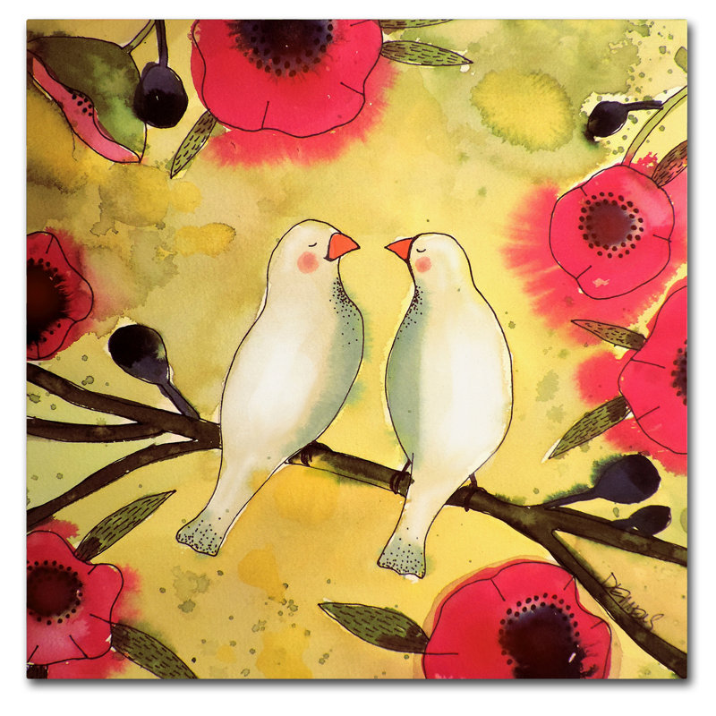 Sylvie Demers Pink Floral Canvas with White Birds, 14" x 14"