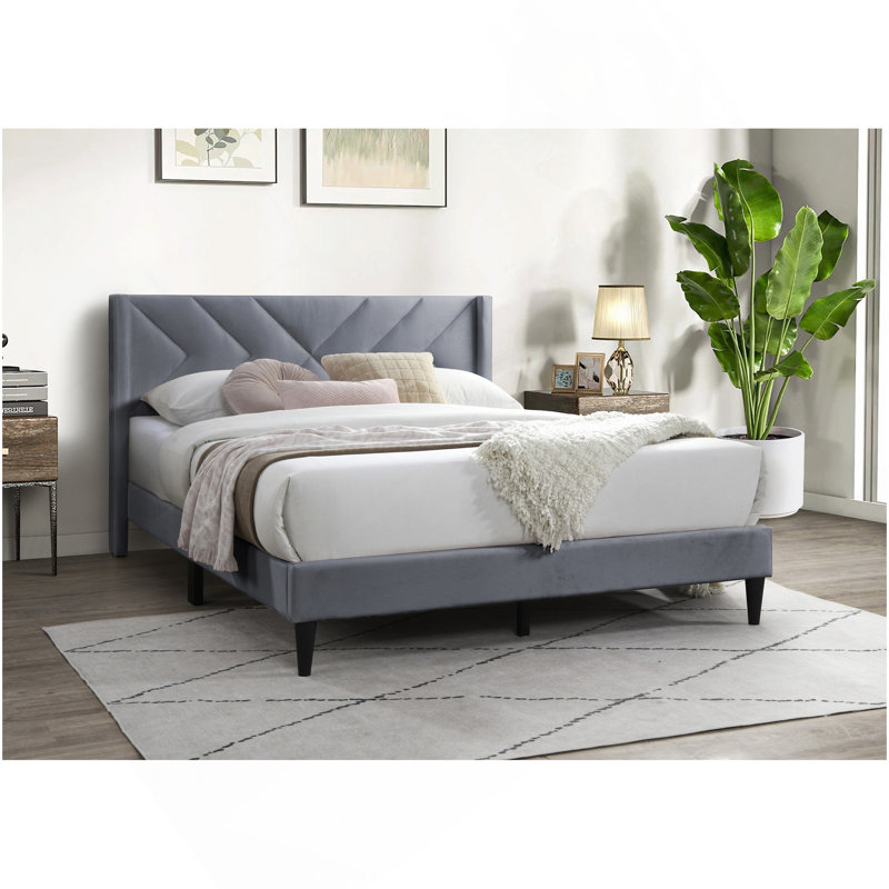 Cadre de lit 1pc élégant avec lit en tissu d'ameublement en velours gris moderne