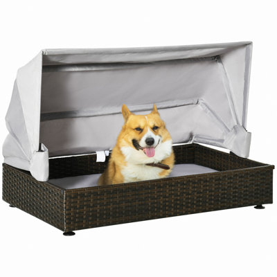 Rattan Dog Bed, Elevated Pet Sofa, Cat House, Indoor/Outdoor Use, For Garden Patio With Foldable Canopy, For Small Or Medium-Sized Pets, Coffee