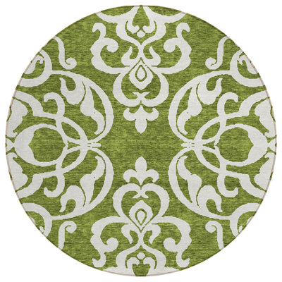 8' Green And Ivory Round Damask Washable Indoor Outdoor Area Rug
