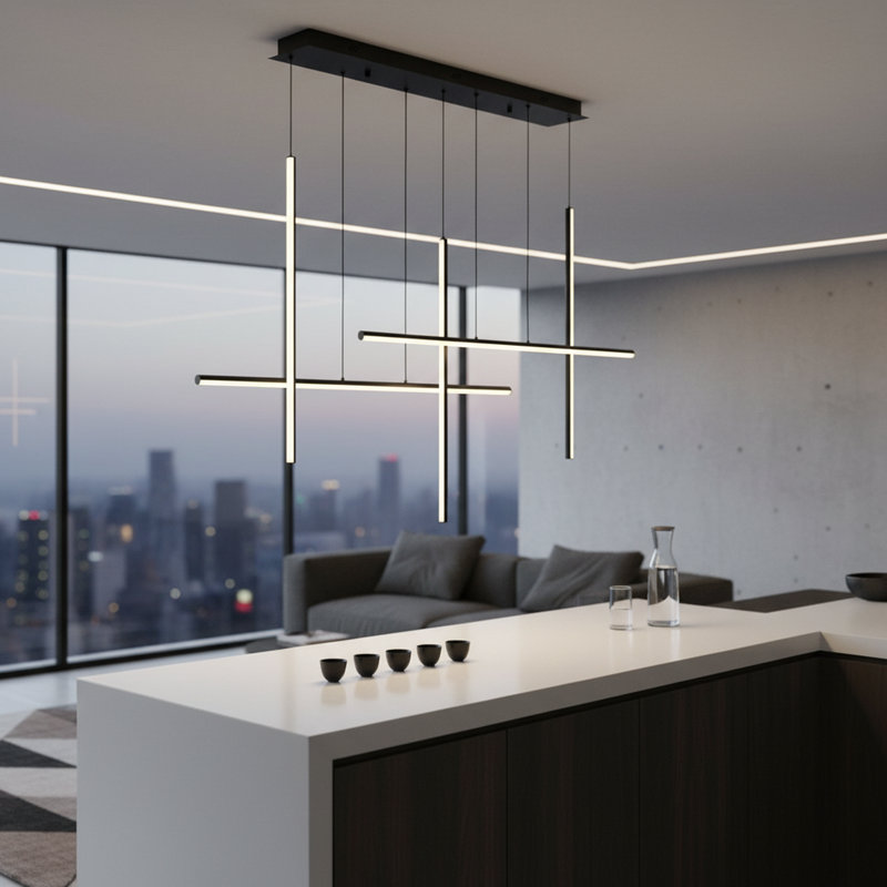 59 Inch Modern Line Rectangle LED Pendant Light Aluminum Suspension Dimming Island Kitchen Light, Matte Black